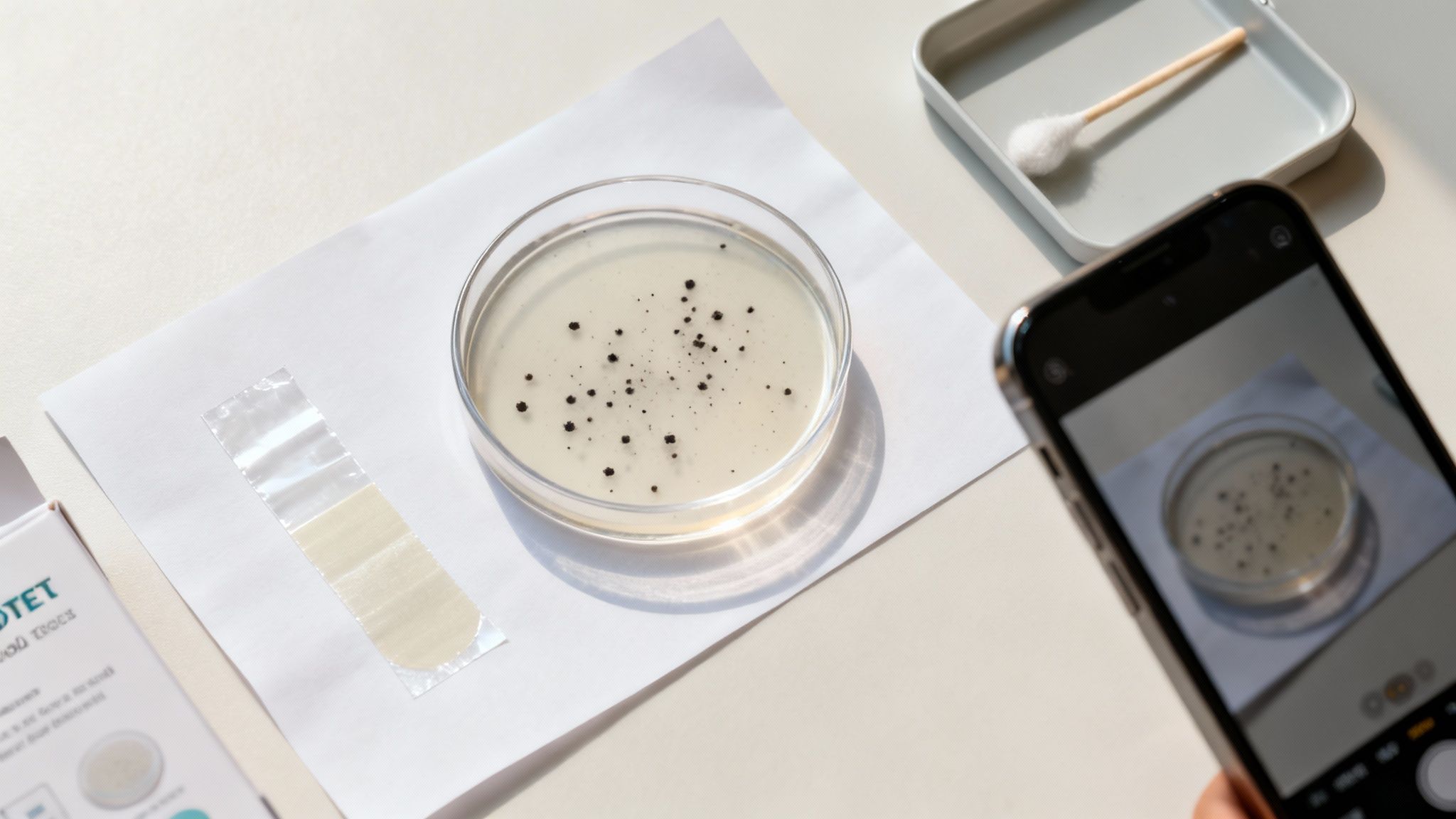 A smartphone takes a picture of a petri dish showing black mold colonies on a white surface.