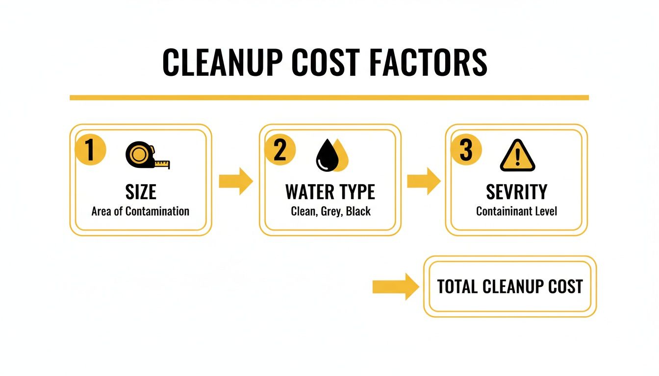 An infographic illustrating the key factors determining total cleanup cost for contamination.