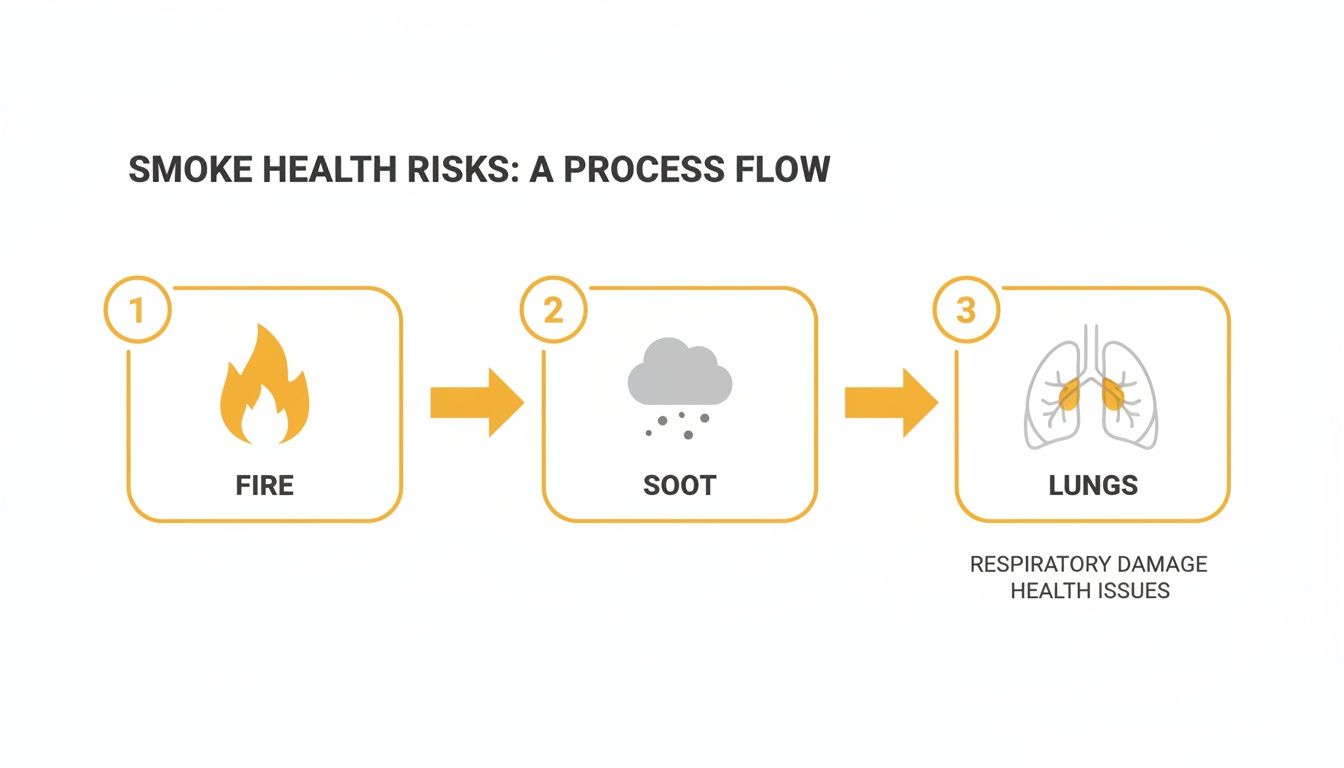 Infographic illustrating smoke health risks: fire leads to soot, which causes respiratory damage and health issues in lungs.