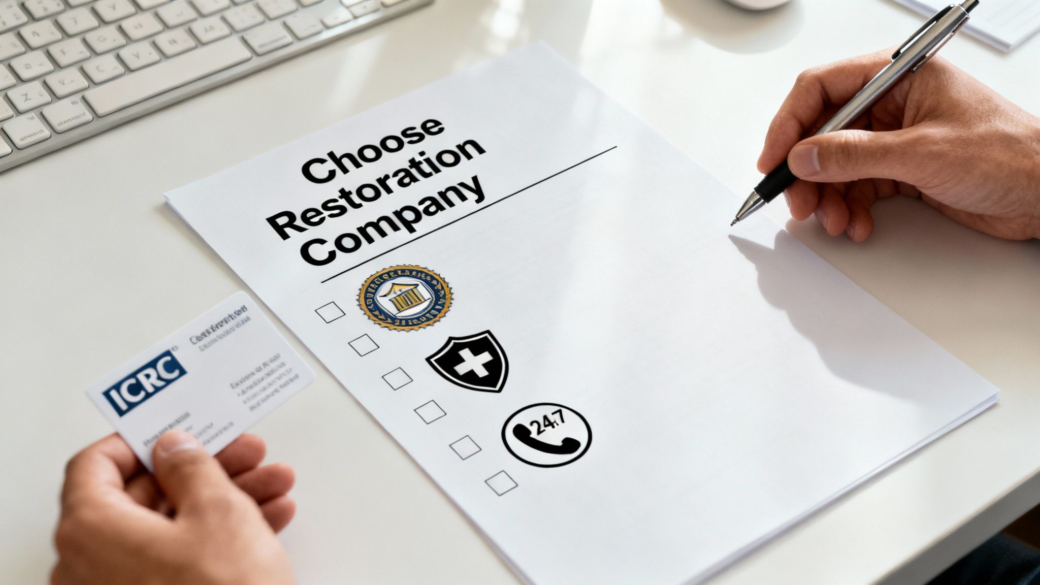 A restoration professional discussing a project with a homeowner, pointing to a clipboard.
