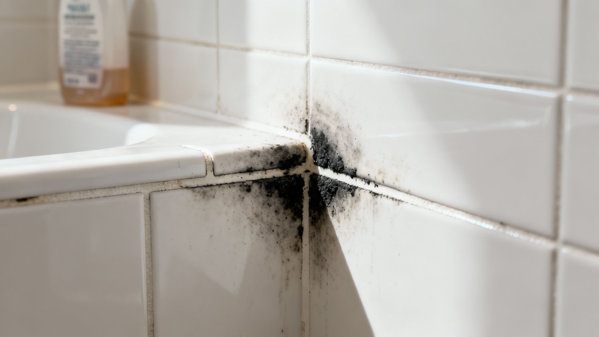 A close-up of black mold growing in the grout and caulk of a shower.