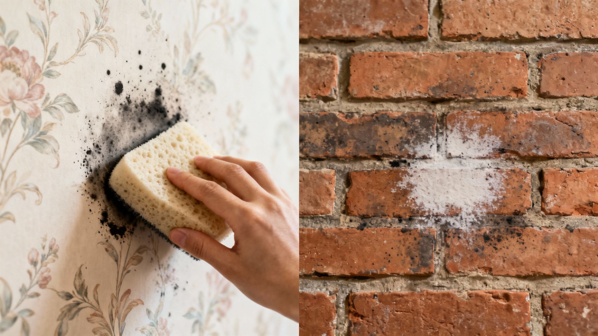 A hand cleans black soot from floral wallpaper with a sponge, next to a brick wall.