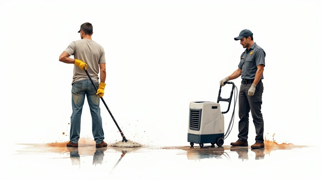 A restoration professional uses a moisture meter on a water-damaged wall to assess the extent of saturation.