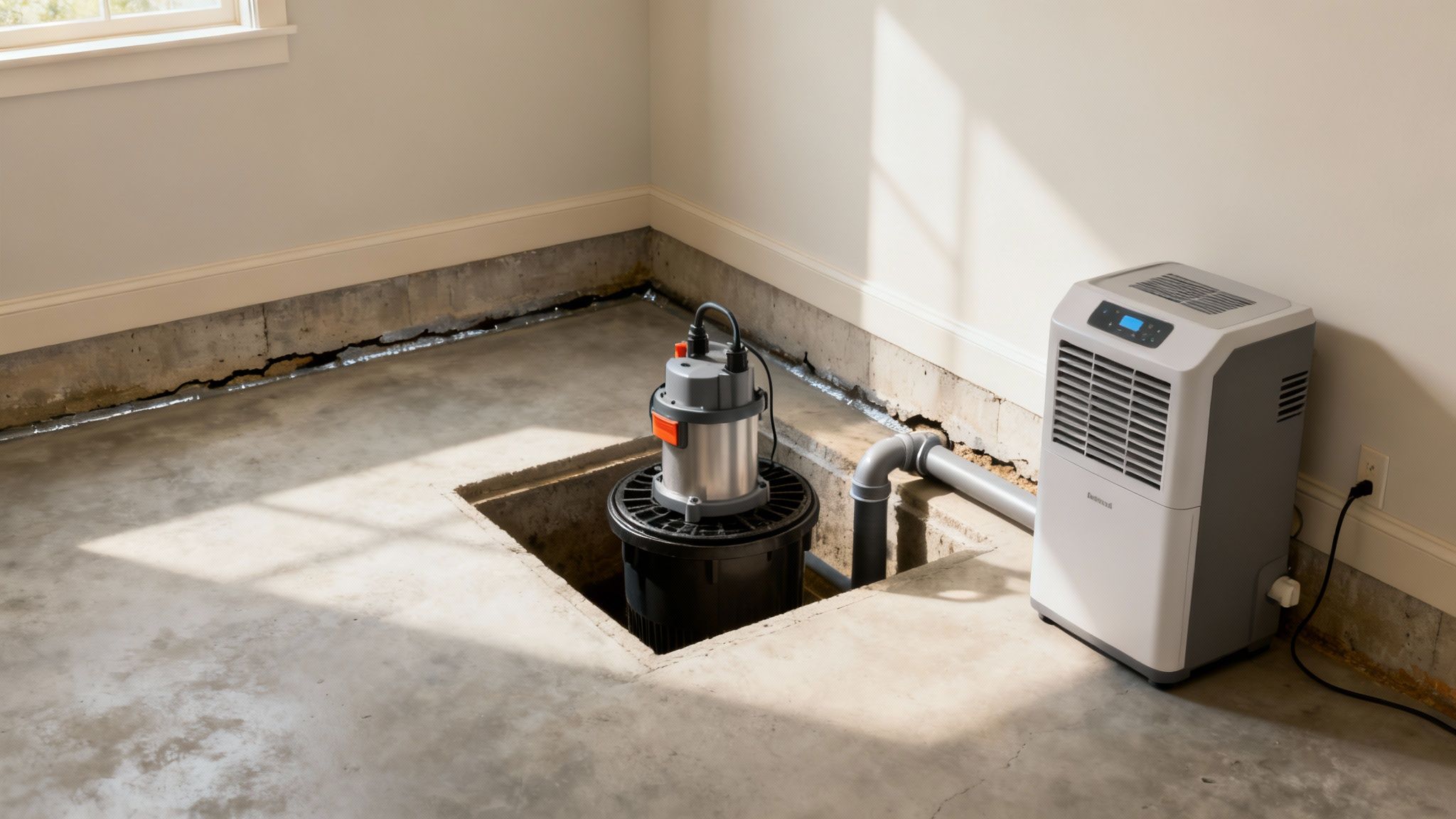 Sump pump and dehumidifier system working to prevent basement water damage in concrete floor