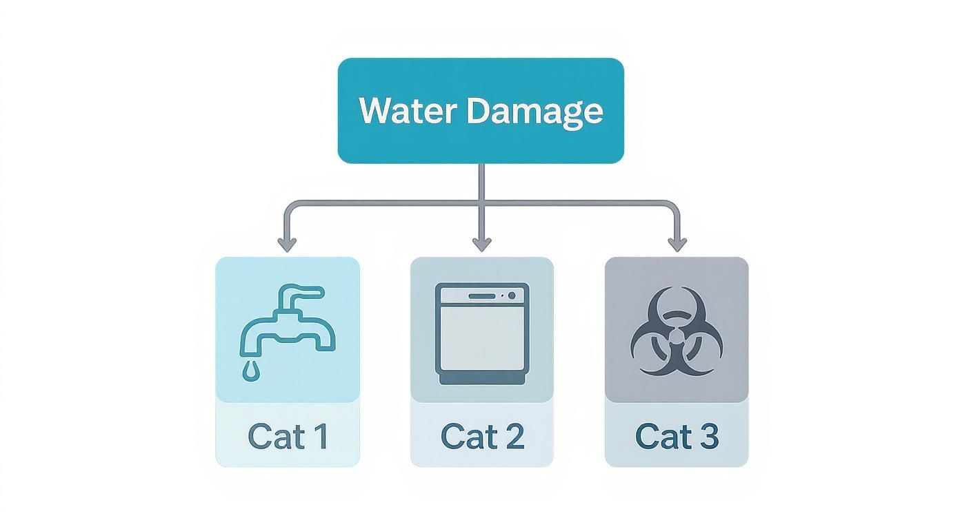 Flowchart showing water damage categories: Cat 1 (clean), Cat 2 (gray), Cat 3 (black/biohazard).