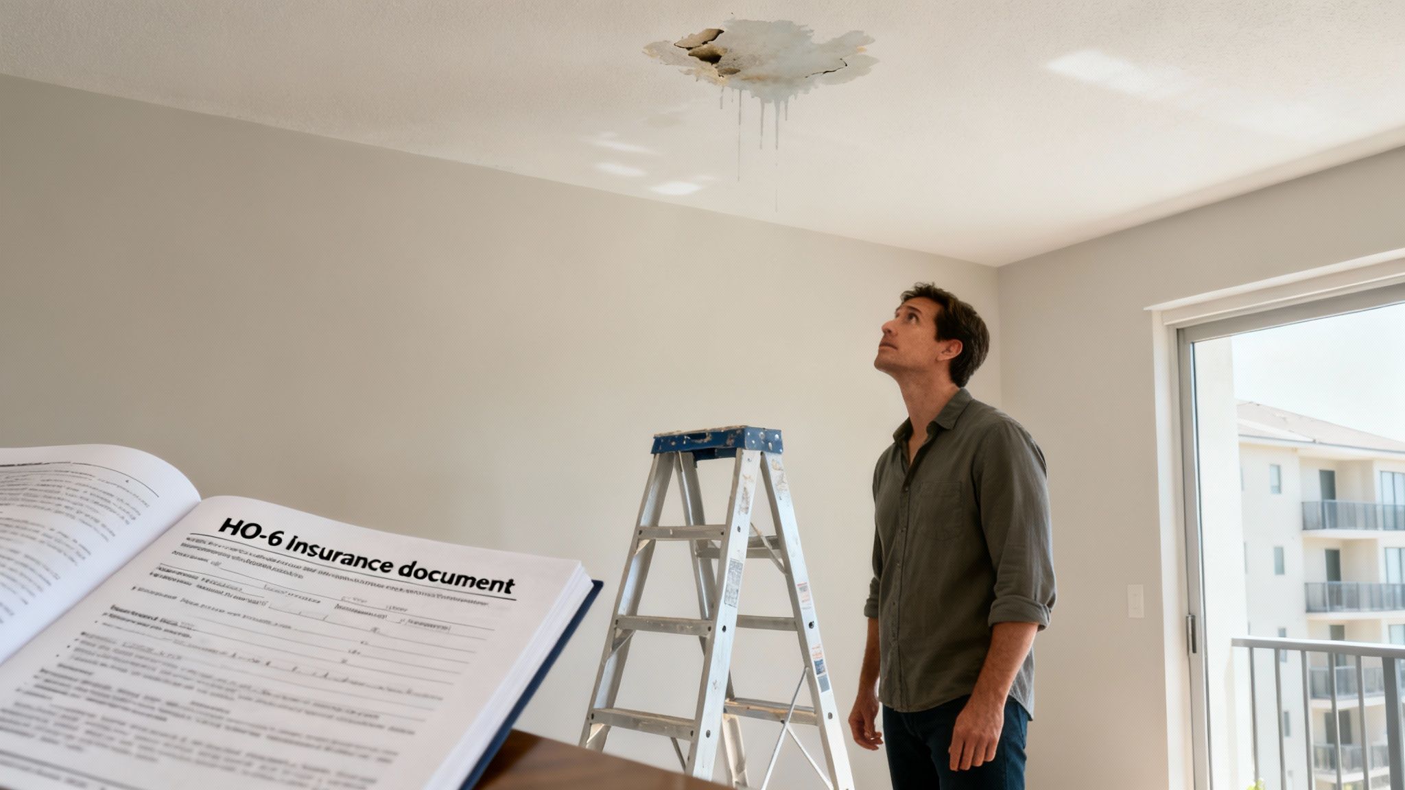 Man inspects severe water damage on a condo ceiling while reading an HO-6 insurance document.