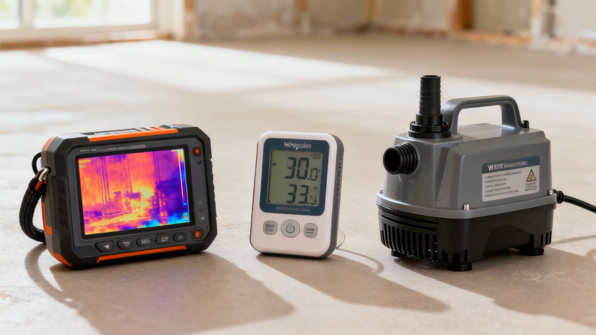 A restoration professional using a thermal imaging camera to detect hidden moisture behind a wall.