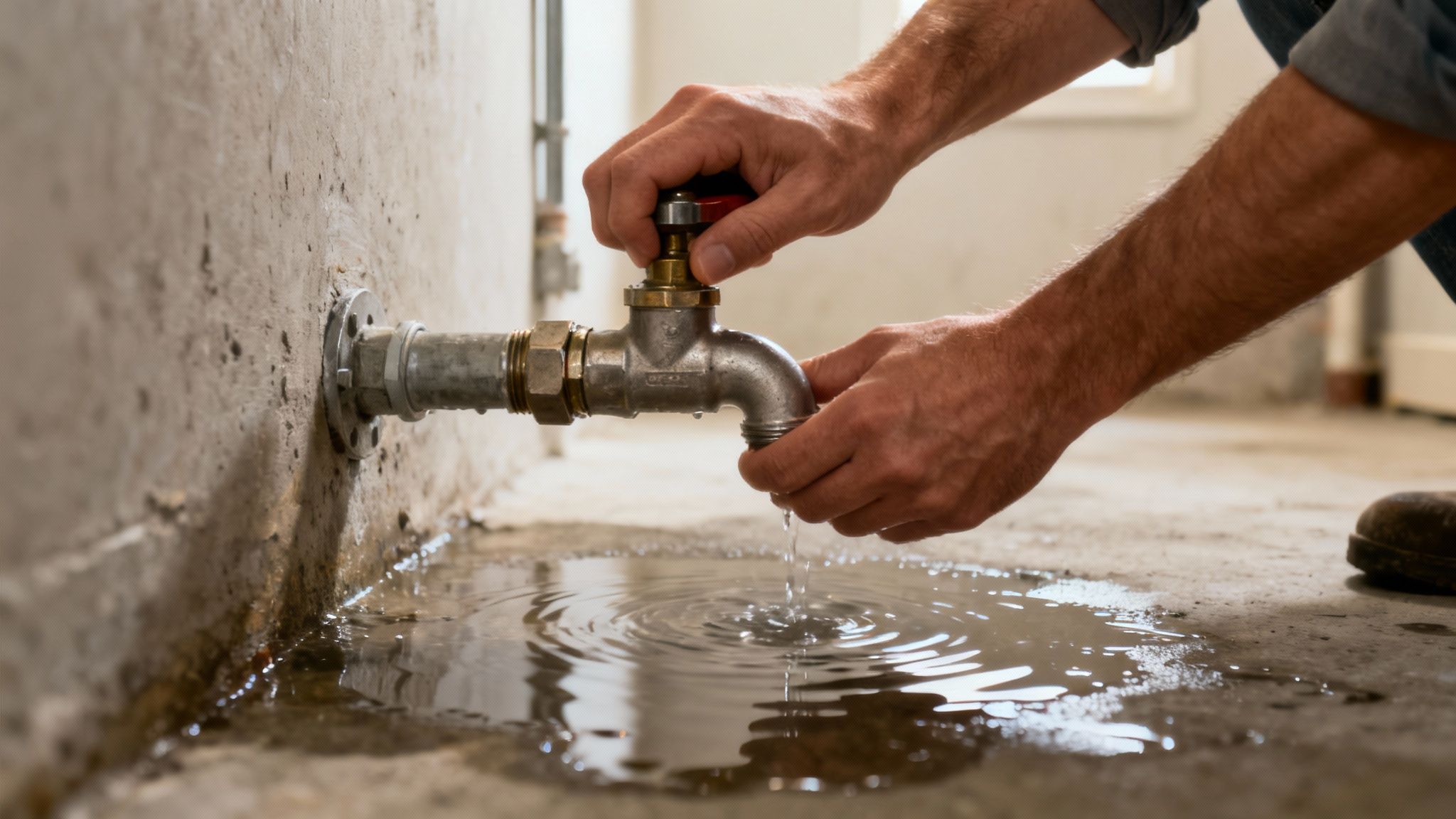 Hands turning a basement utility faucet, with water leaking and pooling on the concrete floor.