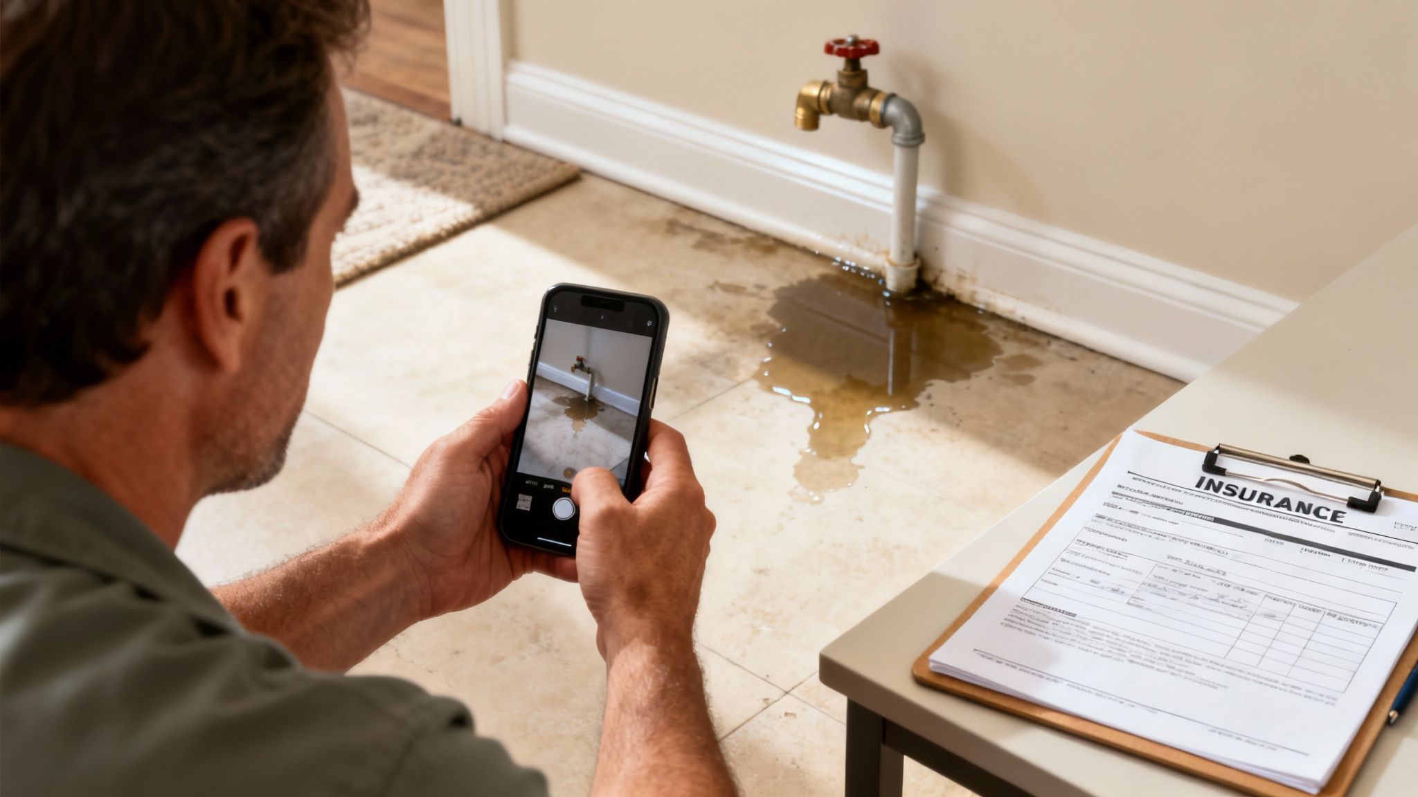 Man photographs a leaking pipe causing water damage on a tiled floor, next to an insurance form.