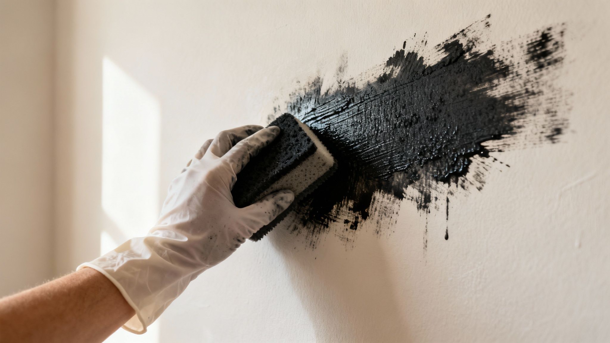 A person wearing a white glove applies a black substance to a white wall with a sponge.
