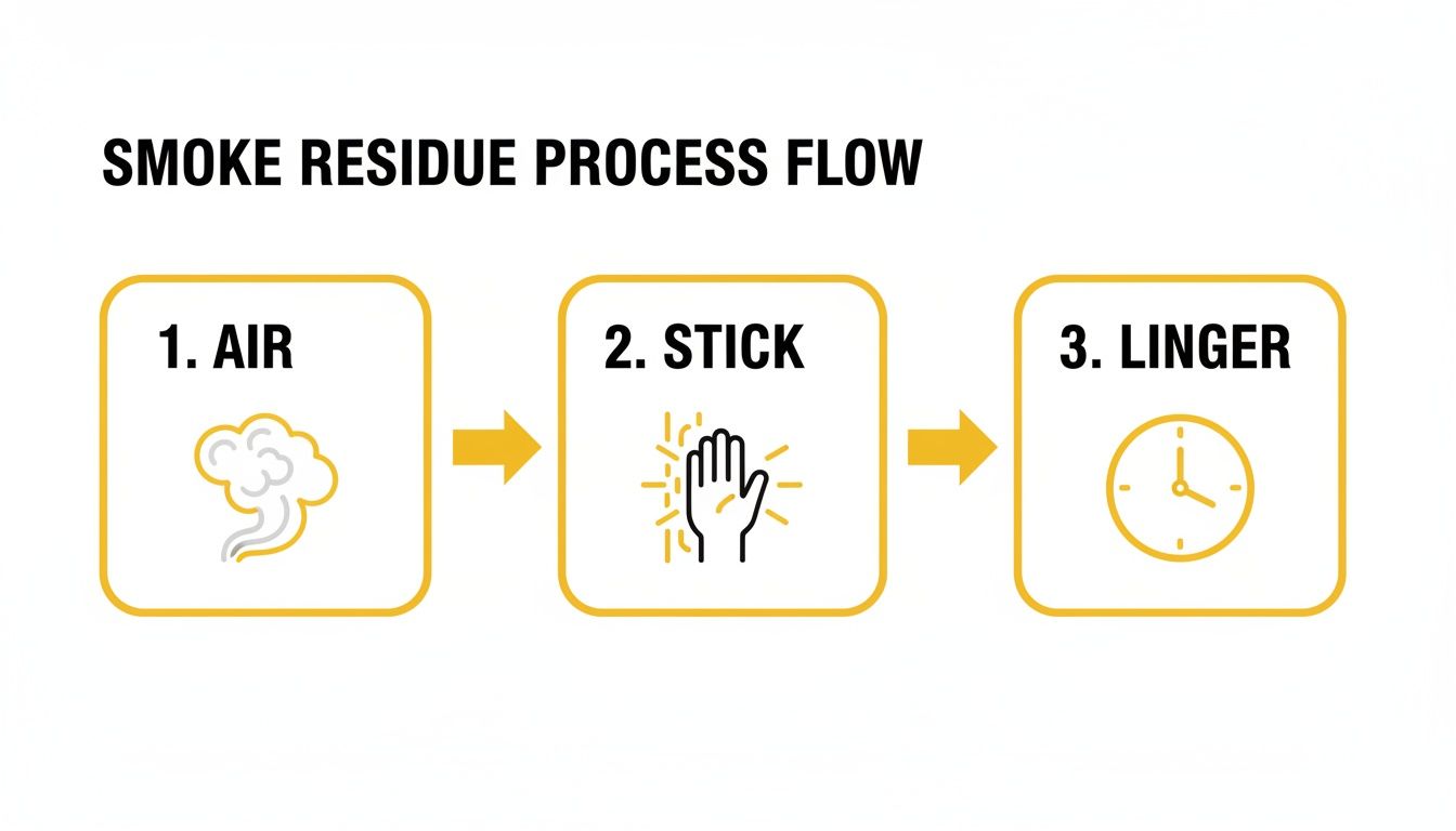 A process flow diagram illustrates the three steps of smoke residue: air, stick, and linger with icons.