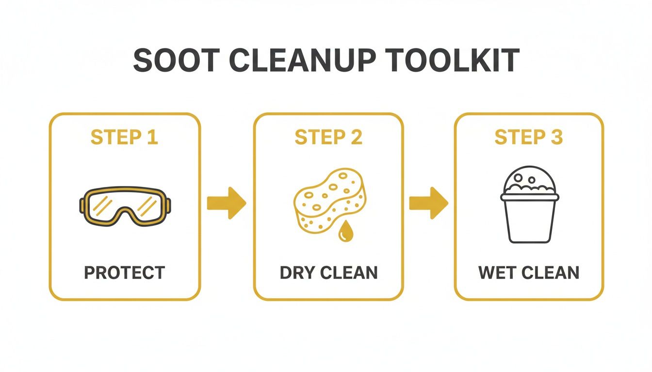 A soot cleanup toolkit infographic shows a 3-step process: protect with goggles, dry clean with a sponge, and wet clean with a bucket.