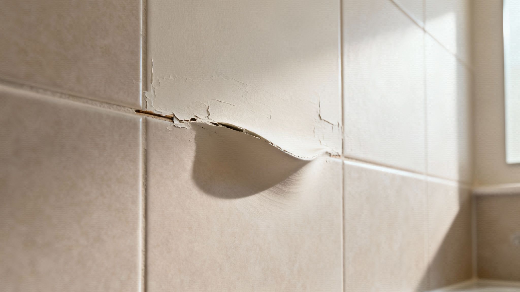 Close-up of a tiled wall with severe peeling and bubbling paint, revealing water damage and deteriorating grout.