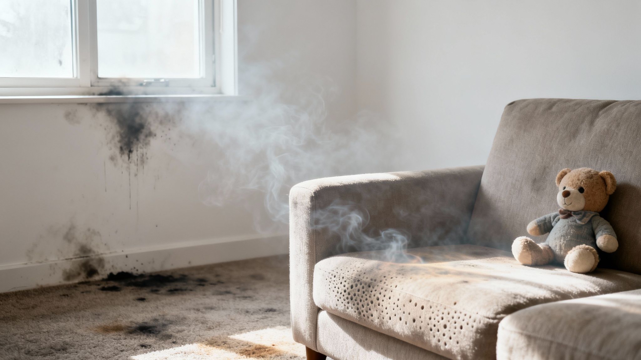A teddy bear sits on a fire-damaged sofa with smoke rising and soot on the wall.