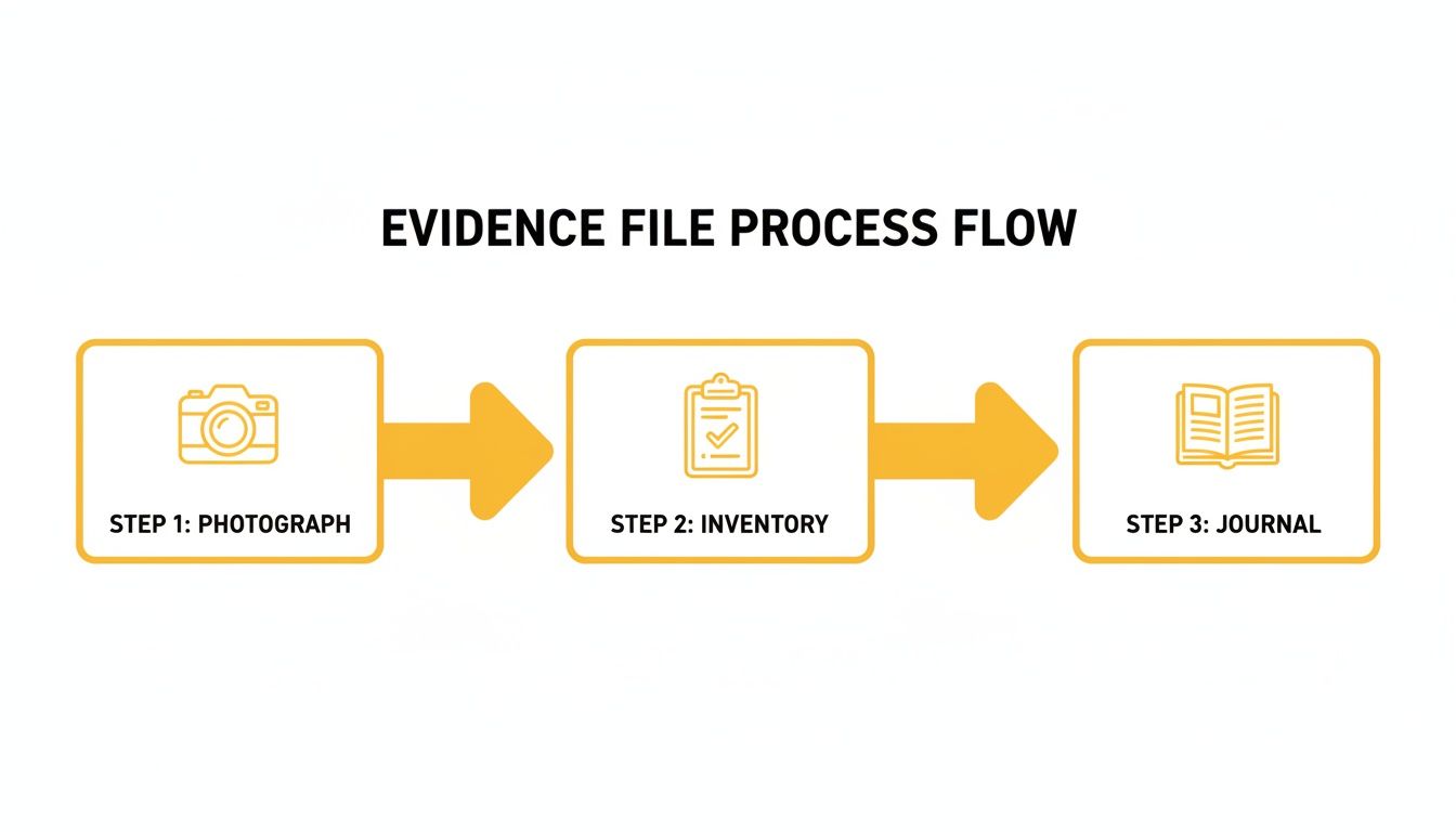 A flowchart outlining the evidence file process flow, including photograph, inventory, and journal steps.