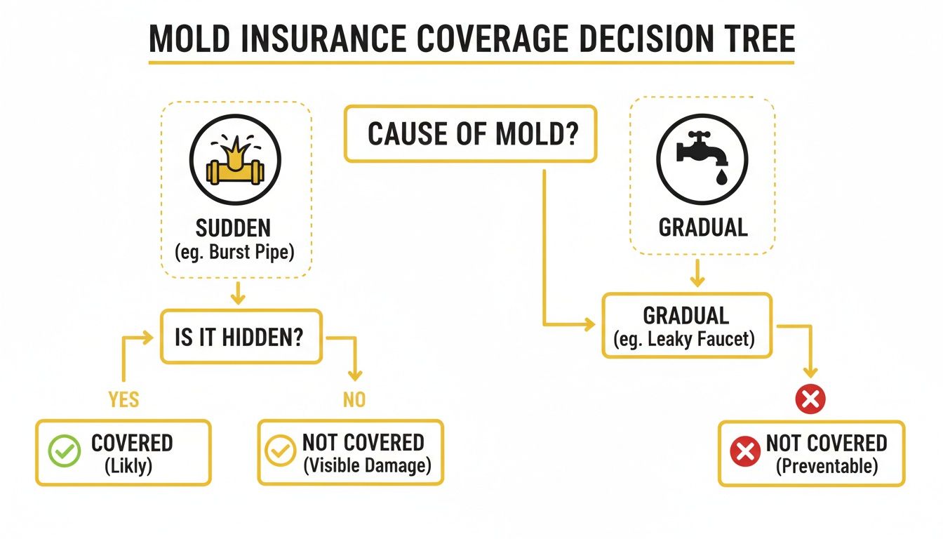 Decision tree illustrating mold insurance coverage based on whether the cause is sudden or gradual, and if it's hidden.