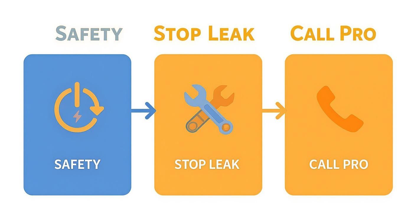 Three-step diagram illustrating water damage response: Safety (power icon), Stop Leak (wrenches), Call Pro (phone).