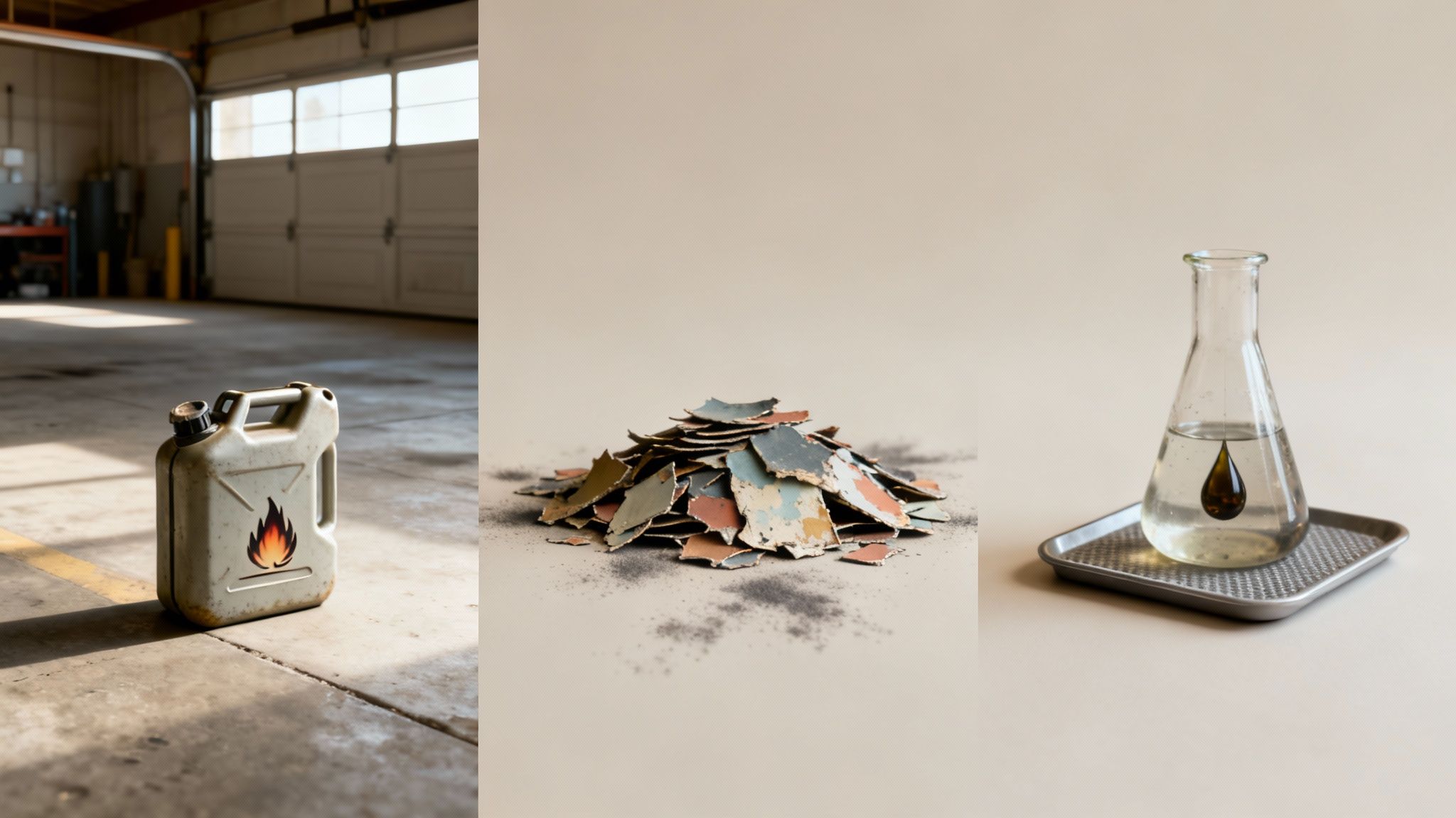 A triptych showing a gas can, a pile of paint chips, and a flask with a chemical drop.