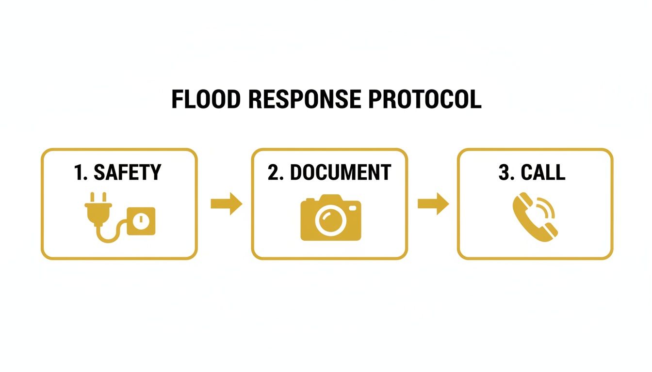 Flood response protocol flowchart showing three steps: safety (unplugging), document (camera), and call (phone).