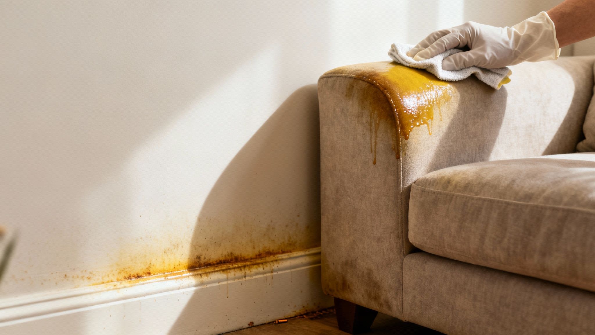 Person in gloves cleaning a large brown spill on a beige sofa next to a stained wall.