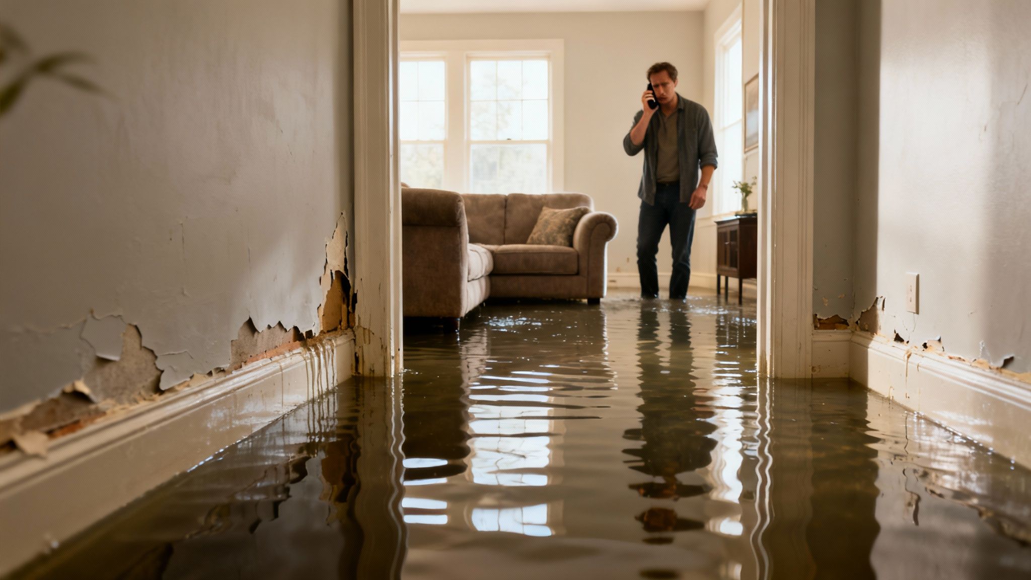 A man talks on the phone while standing in a flooded living room with peeling paint on the walls.