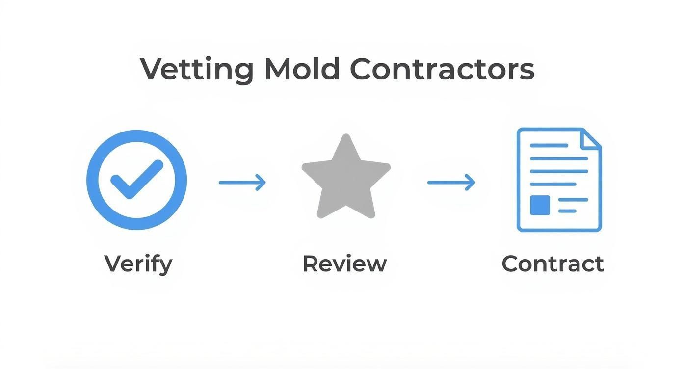 Infographic detailing the 3-step process of vetting mold removal contractors: Verify, Review, and Contract.