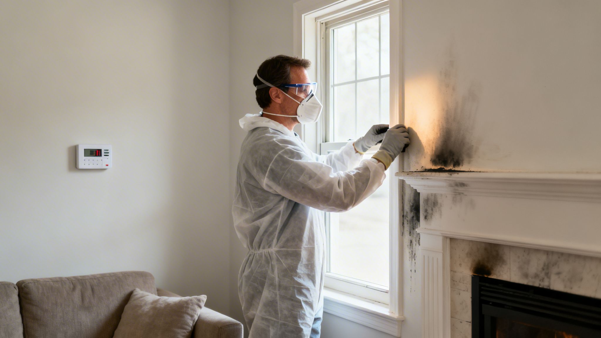 A person in a protective suit and mask is removing extensive black soot or mold from a white wall next to a window.