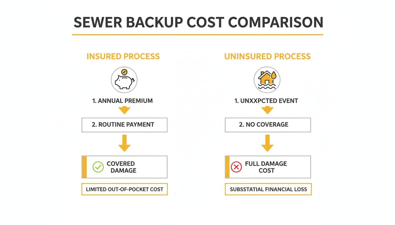 Infographic comparing sewer backup costs: insured process with annual premium and covered damage versus uninsured with full damage cost.