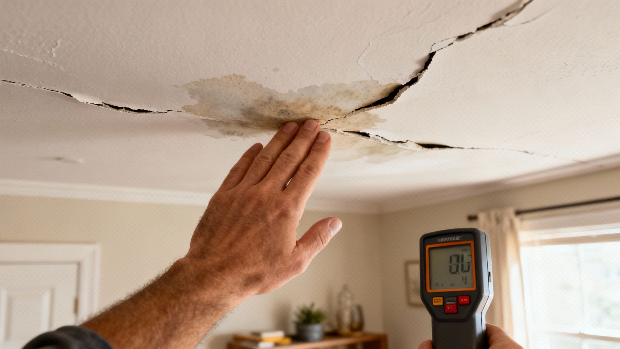 A person's hand points to a severely cracked and water-stained ceiling while holding a moisture meter.