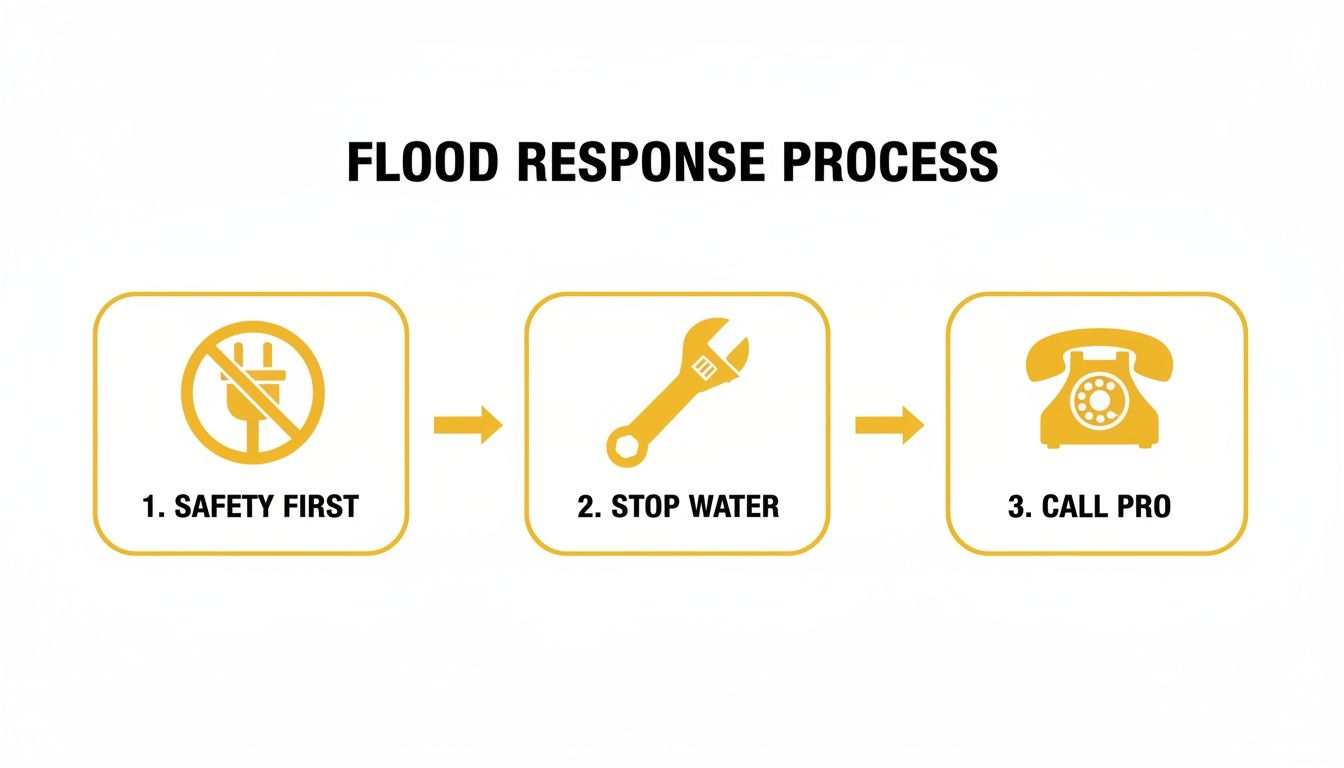 A flowchart illustrating the flood response process with three steps: Safety First (power off), Stop Water (wrench), and Call Pro (telephone).