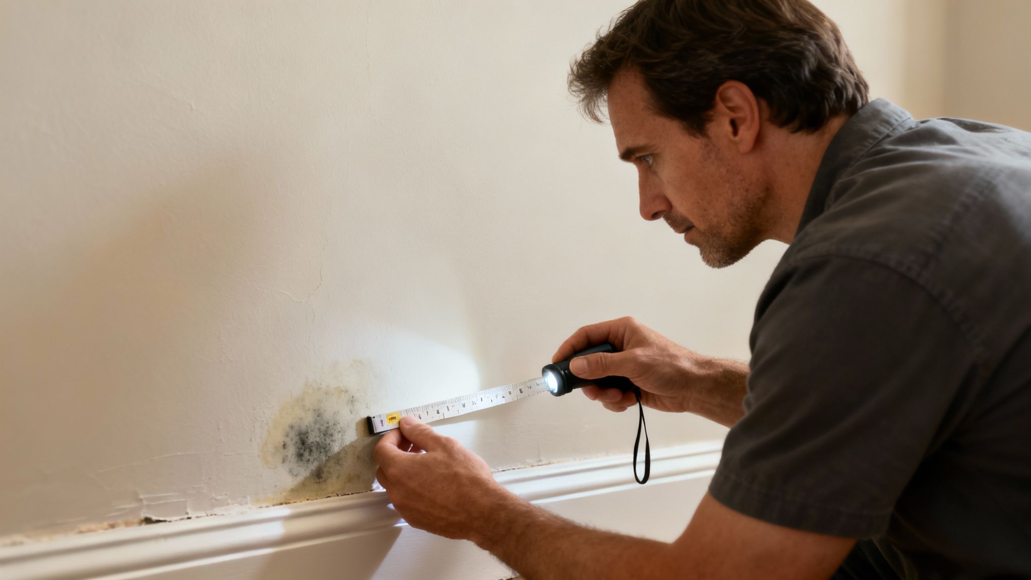 Professional inspector examining and measuring black mold growth on interior wall with flashlight