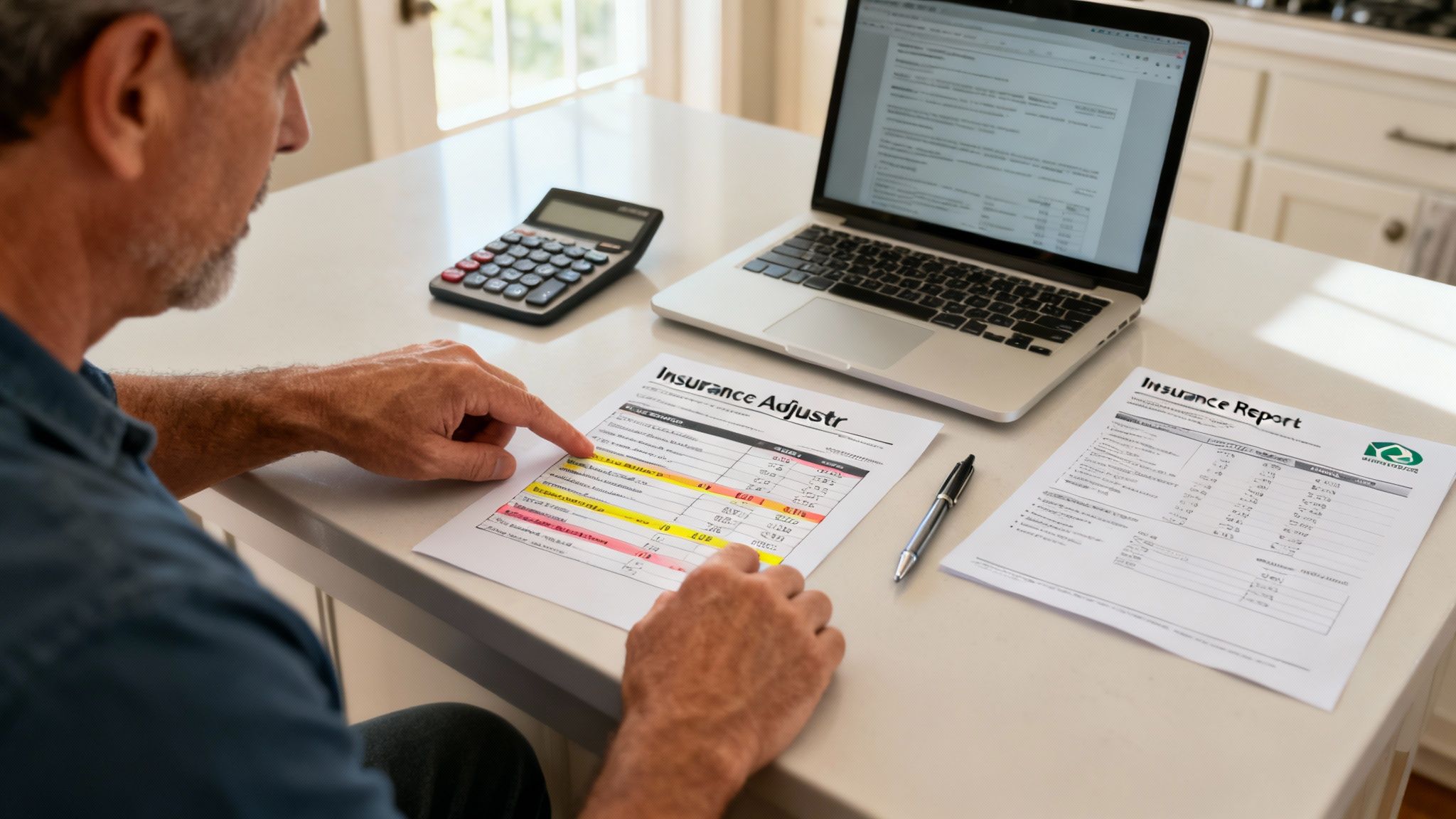 Man reviewing insurance adjustment forms with a laptop and calculator on a white counter.