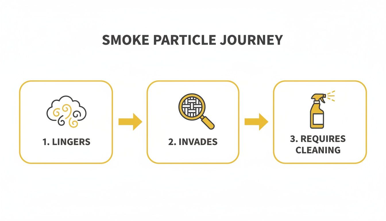 Infographic showing the three-step journey of smoke particles: lingers, invades, and requires cleaning.