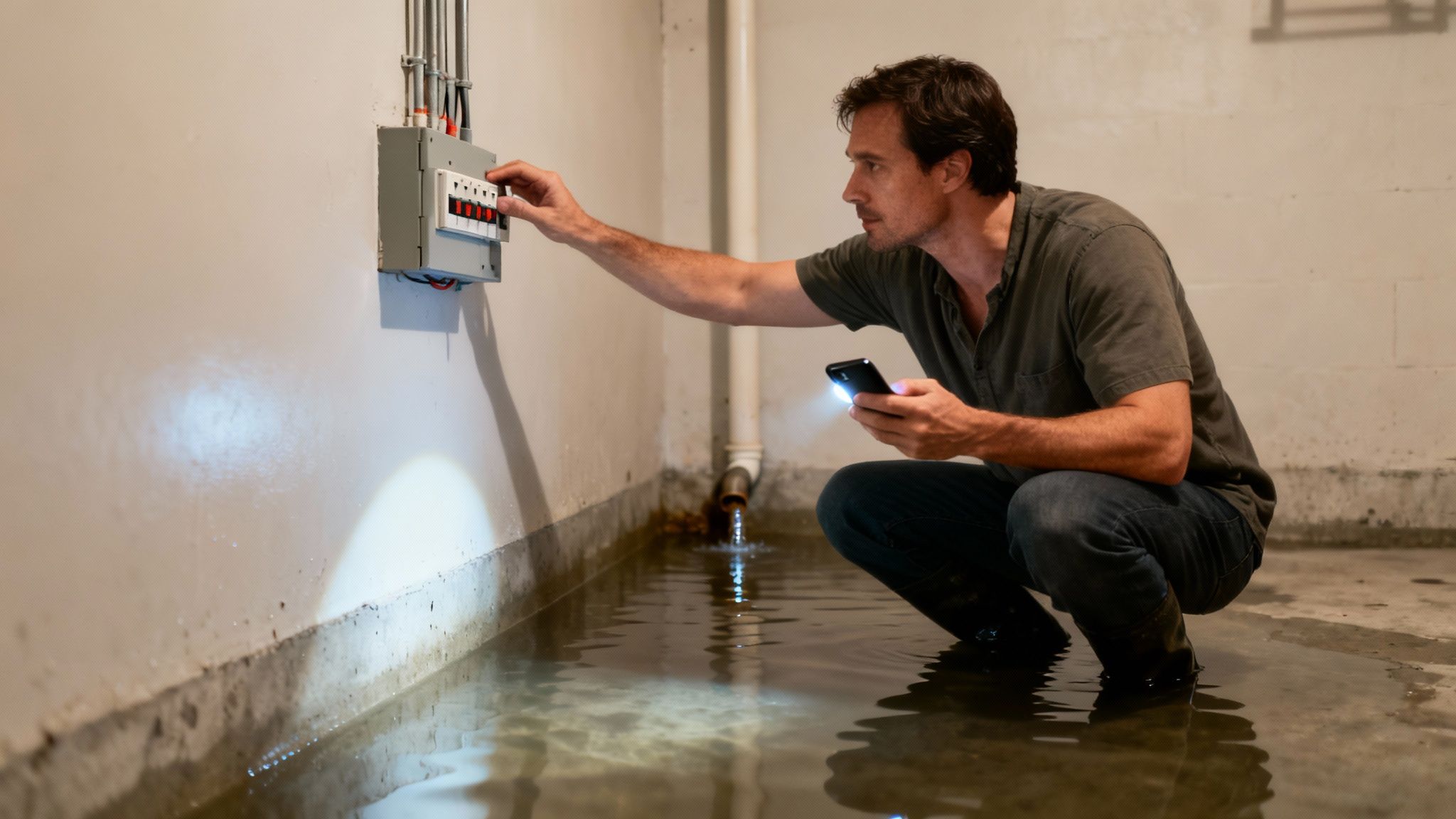 Concerned man checking an electrical panel in his water-filled basement using a phone light.