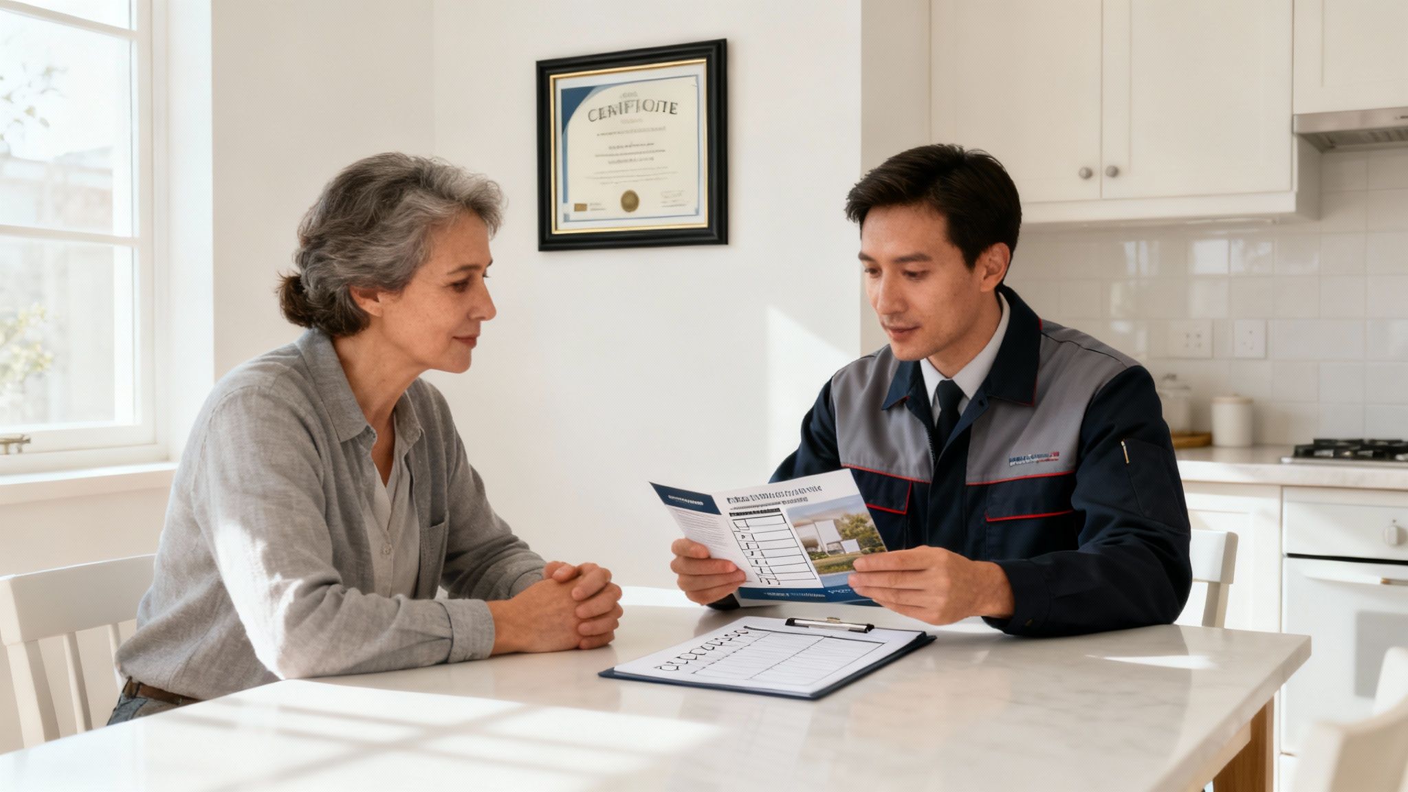 A restoration professional discussing a project with a homeowner, pointing at a clipboard.