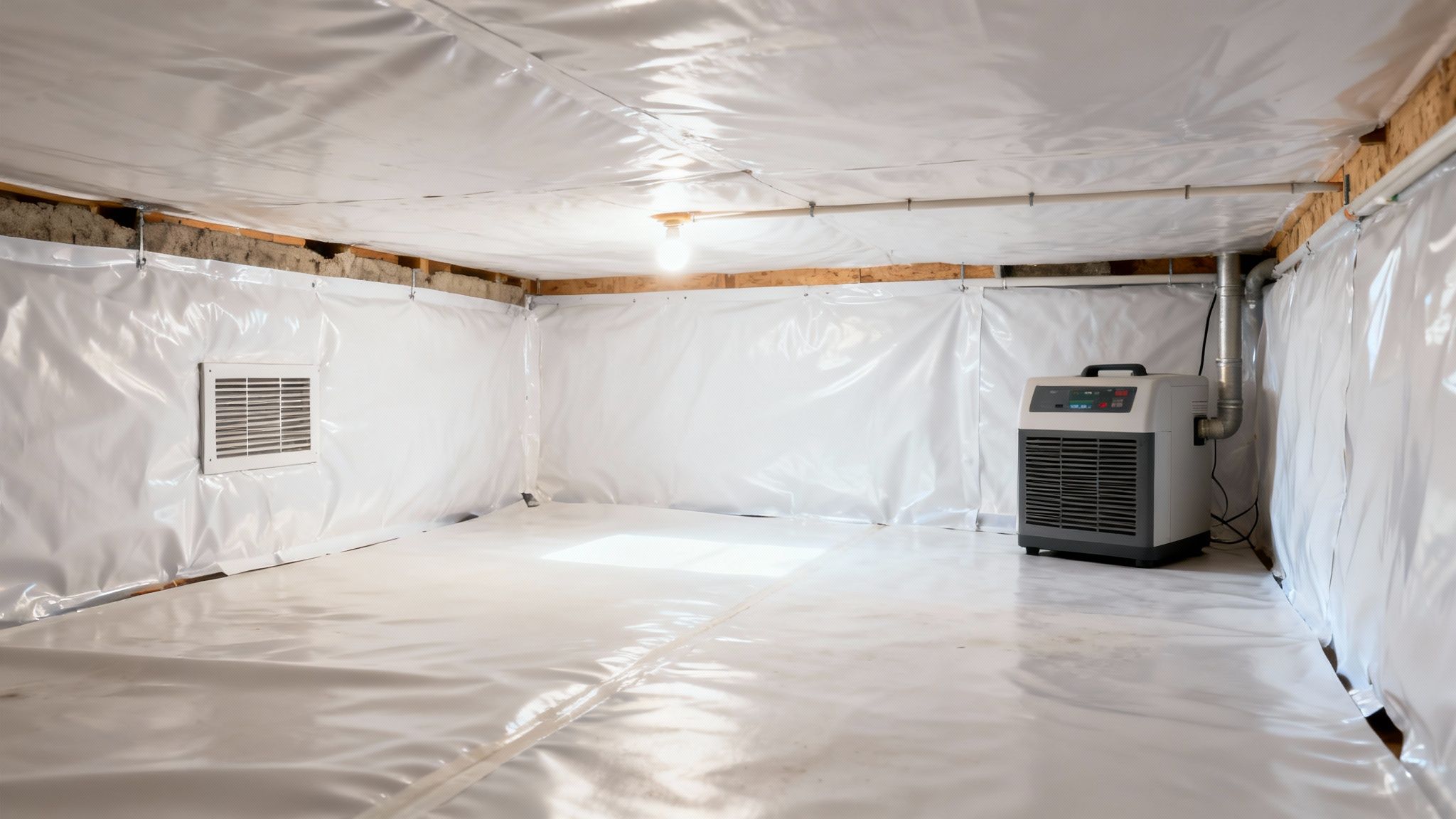 A clean, encapsulated crawl space with white vapor barriers on the floor and walls, looking bright and dry.