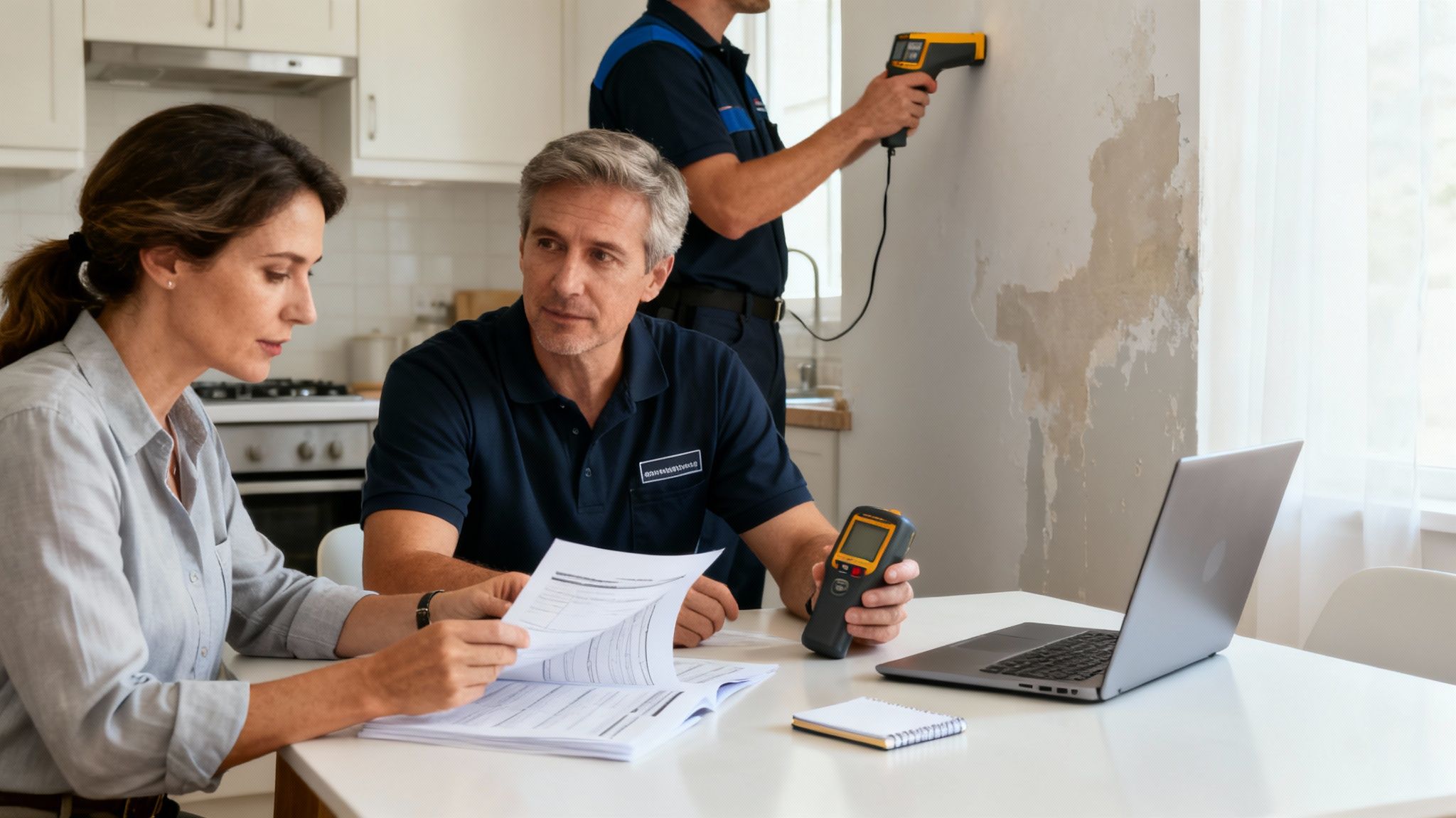 A woman and a professional discuss documents while a technician checks a water-damaged wall.