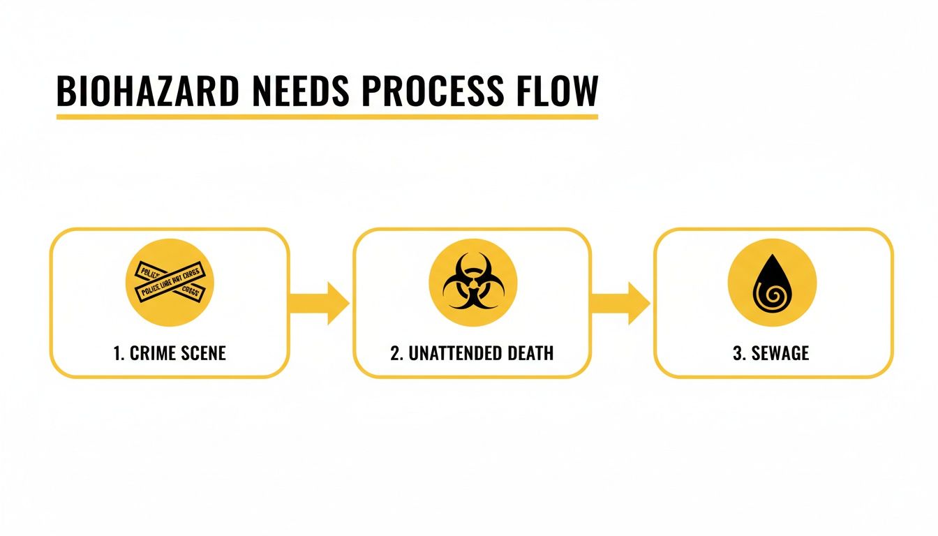 A flowchart titled 'Biohazard Needs Process Flow' illustrating three scenarios: Crime Scene, Unattended Death, and Sewage.