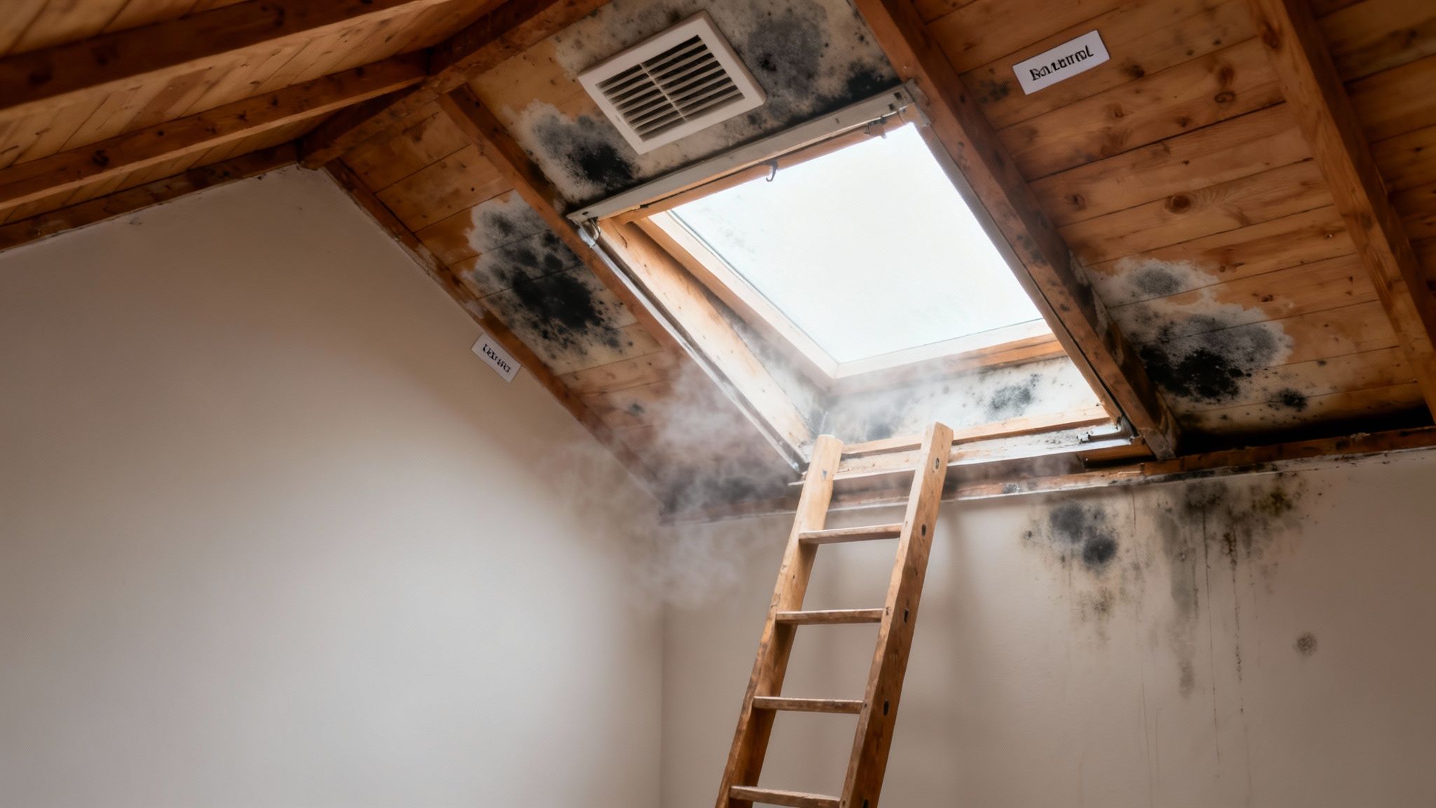 Severe black mold infests a wooden attic ceiling and walls around a skylight and ladder.