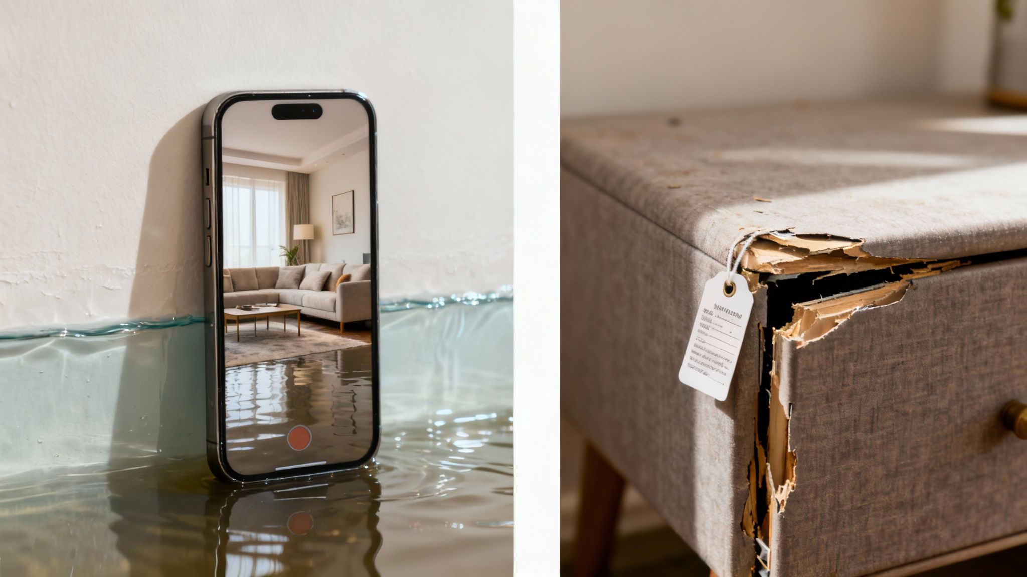 A smartphone recording a flooded living room, next to a damaged upholstered drawer with a tag.