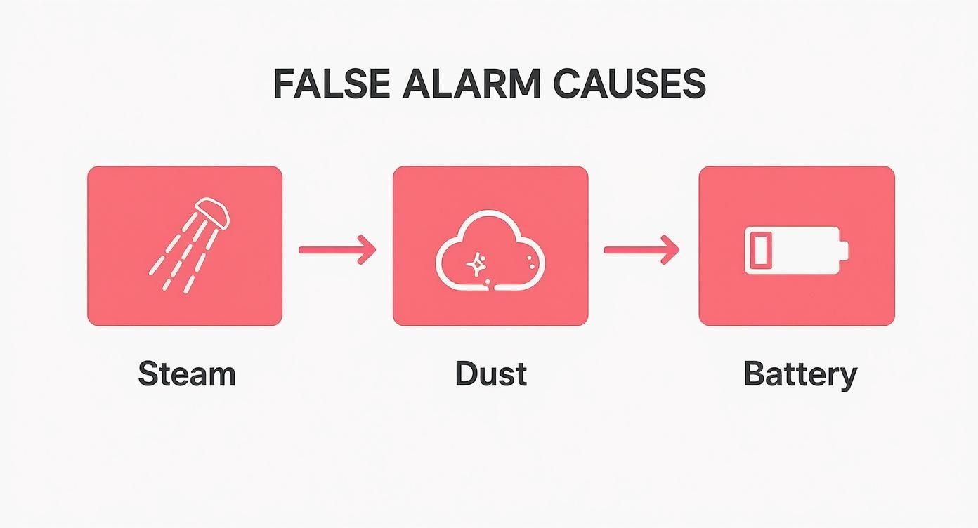 Infographic showing that steam from a shower, dust from cleaning, or a low battery can all cause a fire alarm to go off with no smoke