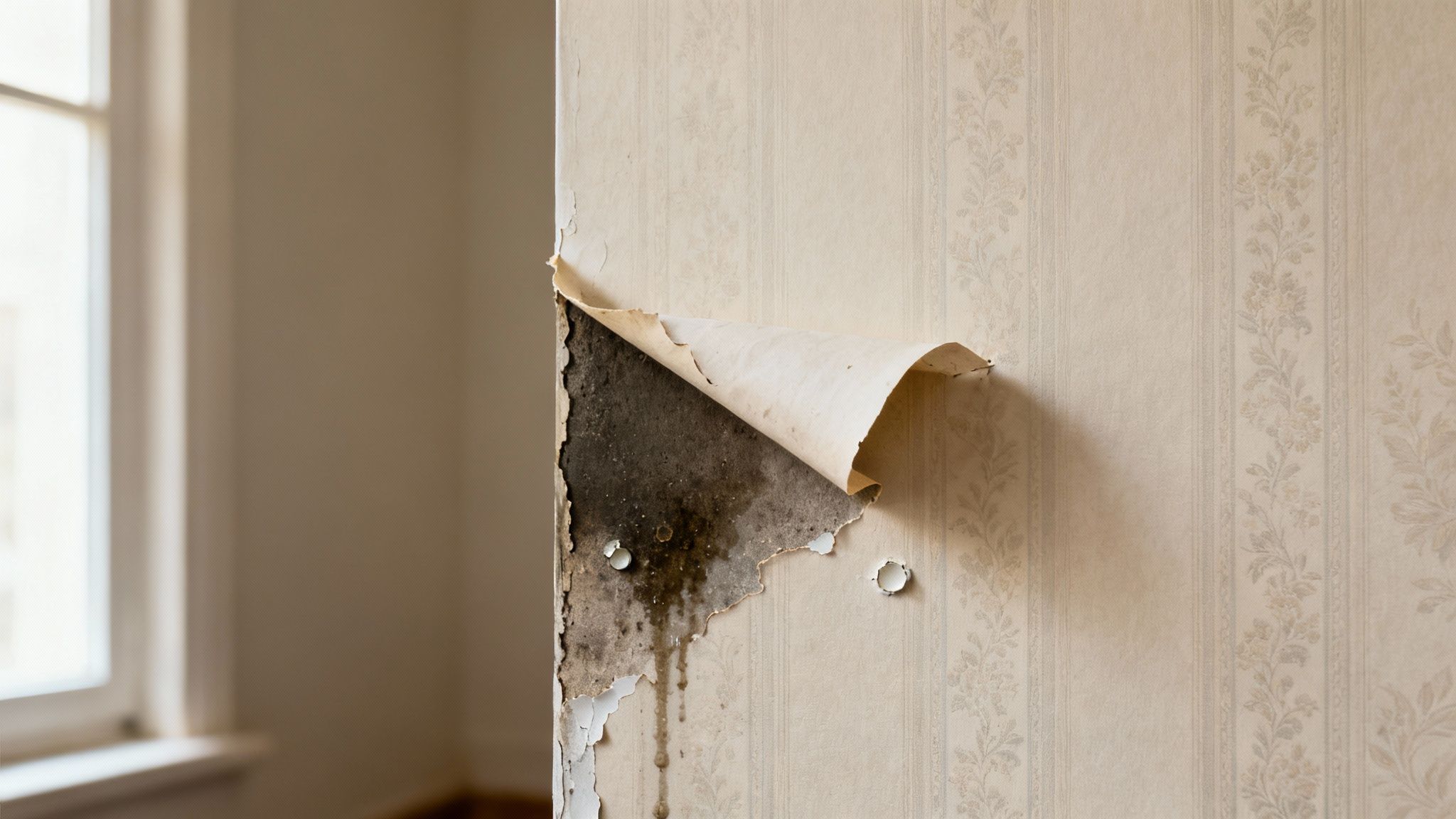 Peeling patterned wallpaper reveals dark black mold and water stains on a damaged wall.
