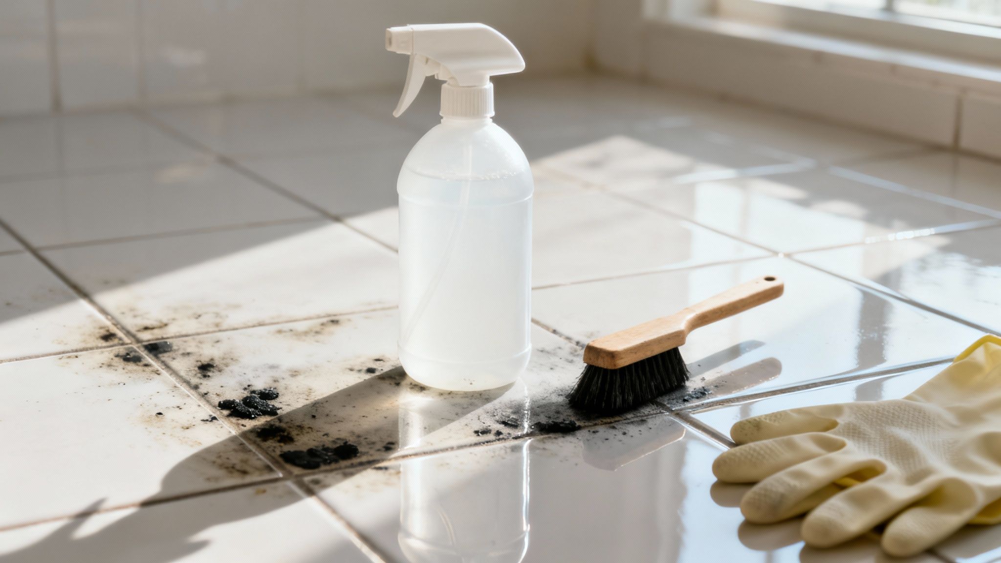 A person in protective gloves cleaning a surface with a spray bottle and cloth.