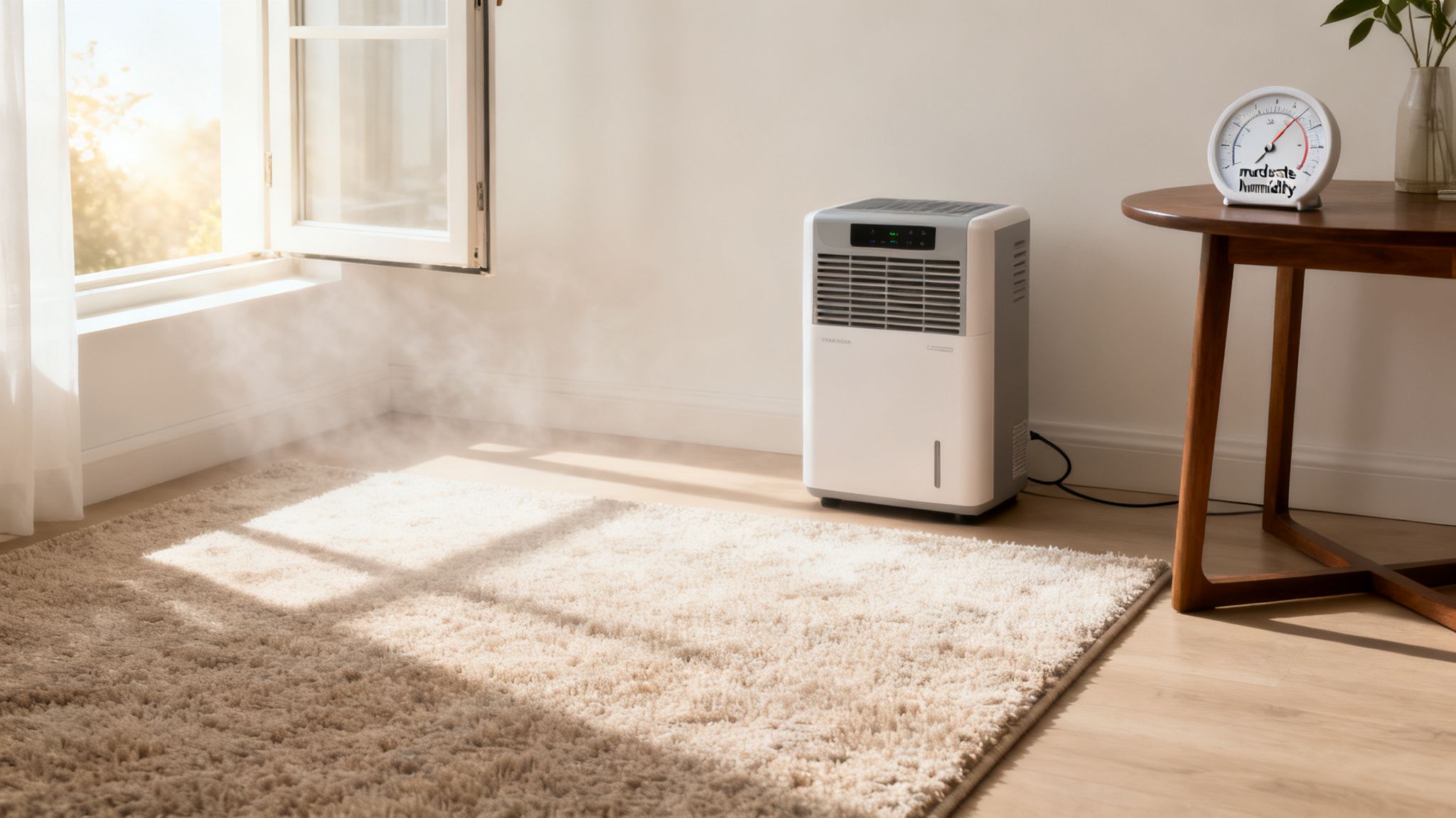 A dehumidifier operates in a bright room with sunlight streaming through an open window onto a rug.