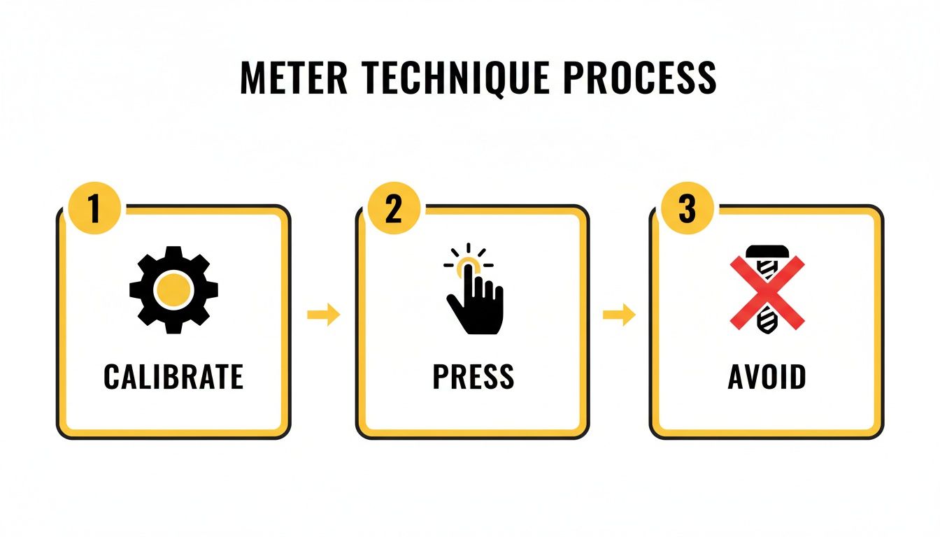 A 3-step process infographic for meter technique: 1. Calibrate (gear), 2. Press (hand), 3. Avoid (crossed-out screw).