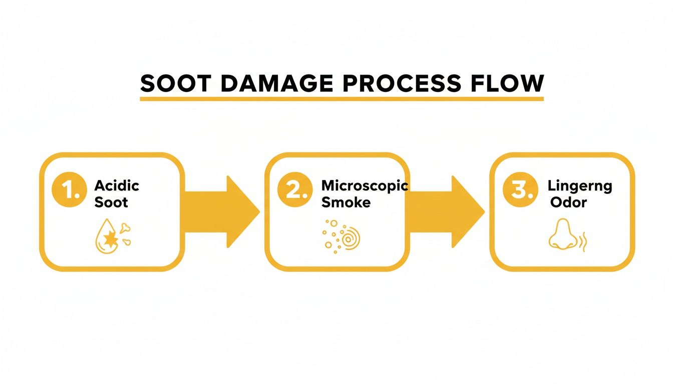 A three-step process flow diagram illustrating soot damage: acidic soot, microscopic smoke, and lingering odor.