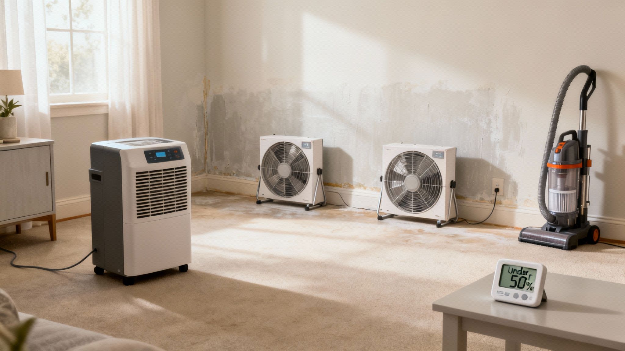 Dehumidifier and air blowers drying water-damaged room with mold on walls and humidity monitor