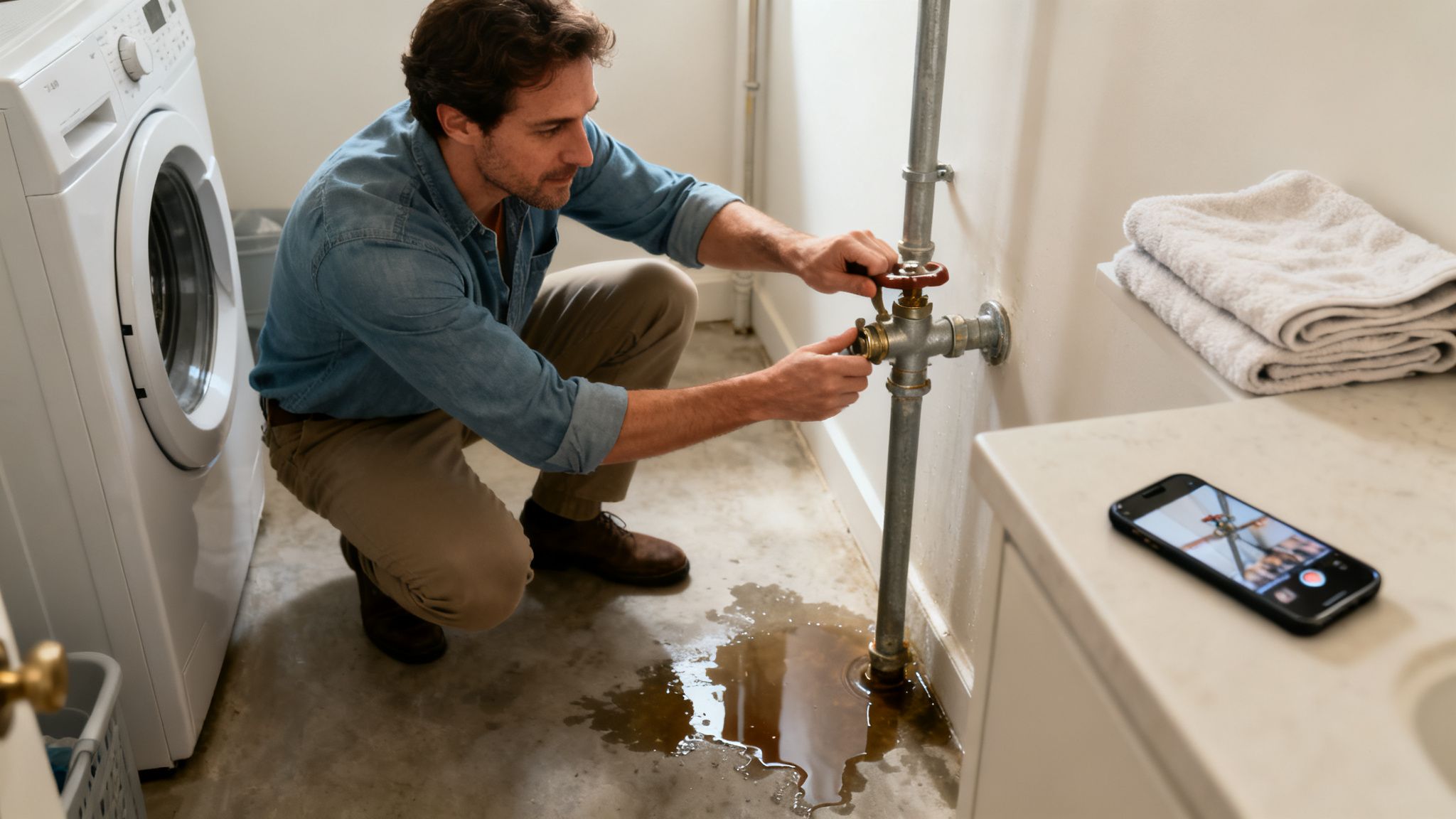 A man repairing a burst pipe in a laundry room with water leaking onto the floor.
