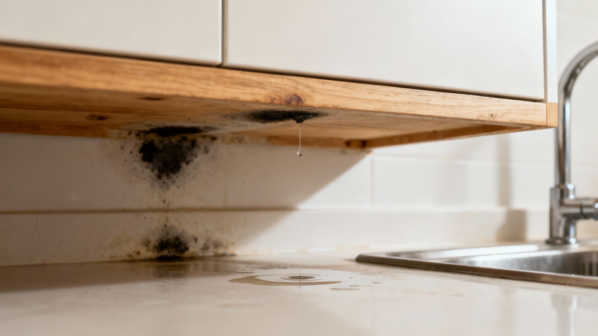 A homeowner looking distressed at a moldy wall, representing an insurance claim denial.
