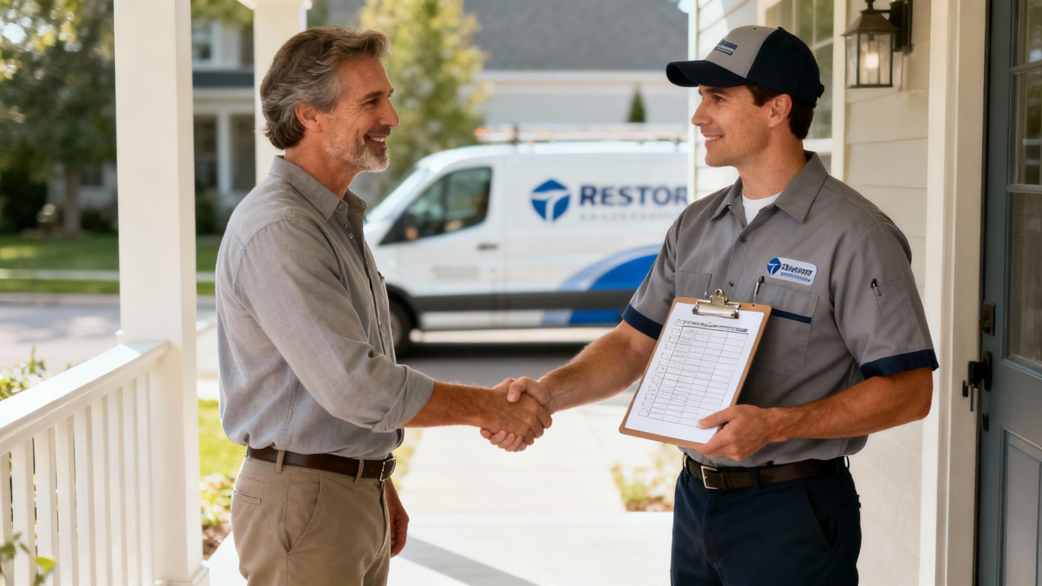 Professional restoration technician shaking hands with homeowner on front porch of residential property